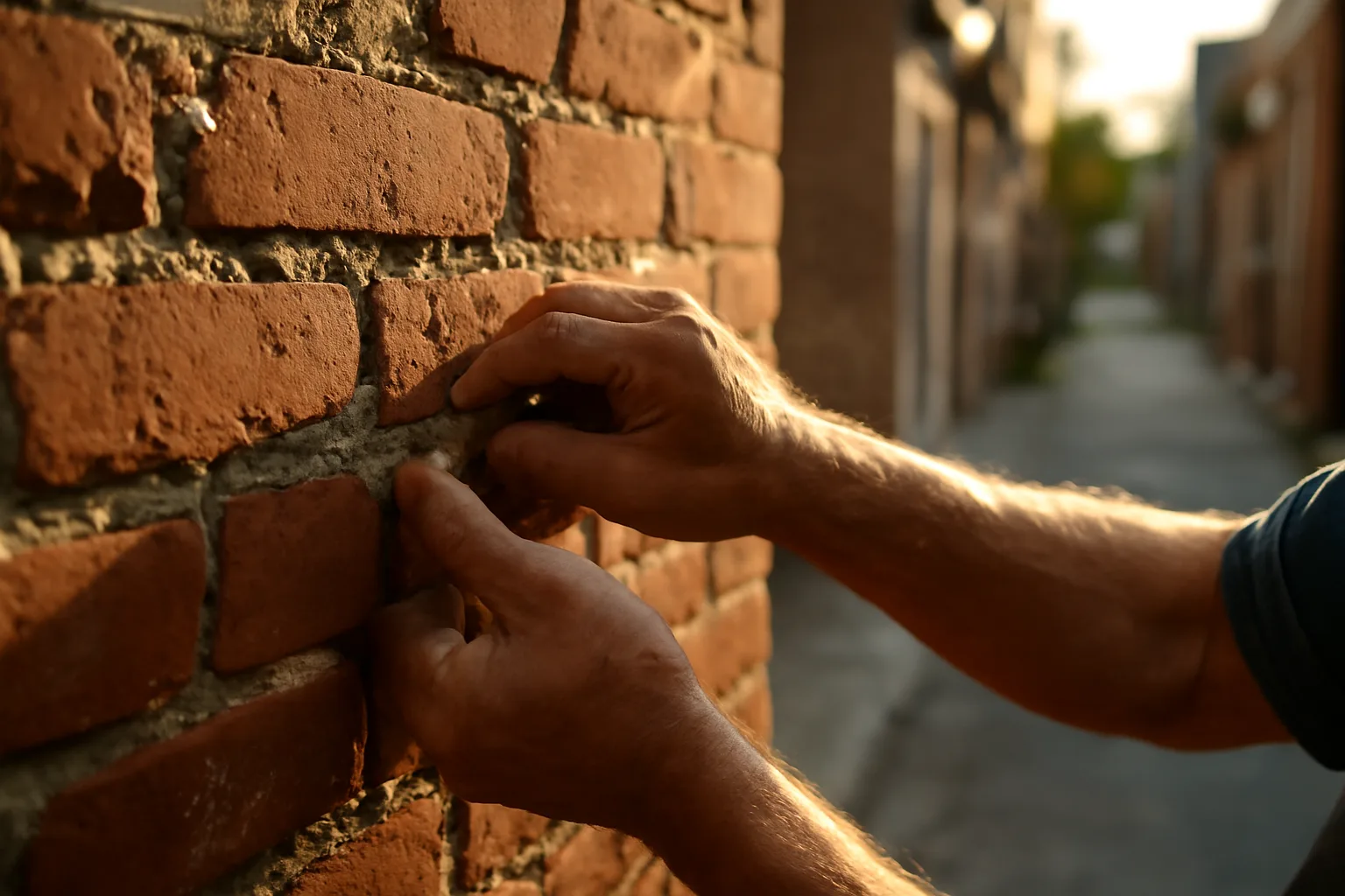 Mason packing mortar into a weathered outdoor brick wall joint