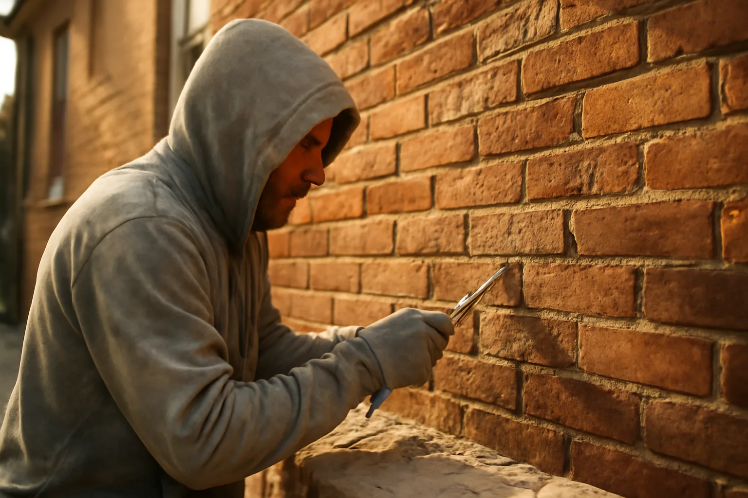 Mason tuckpointing a brick house wall in late sun
