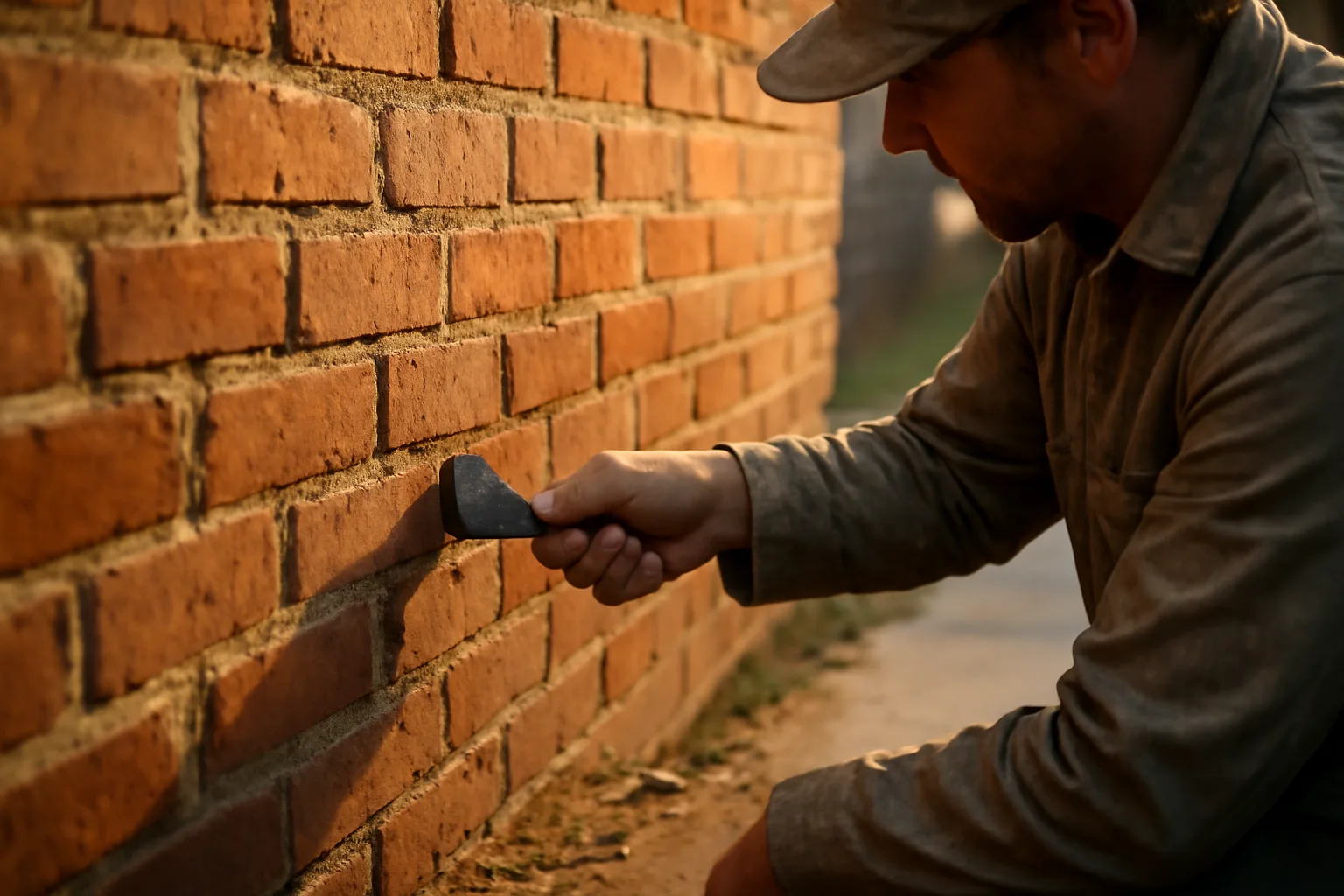 Mason packing mortar into a weathered brick wall at dusk