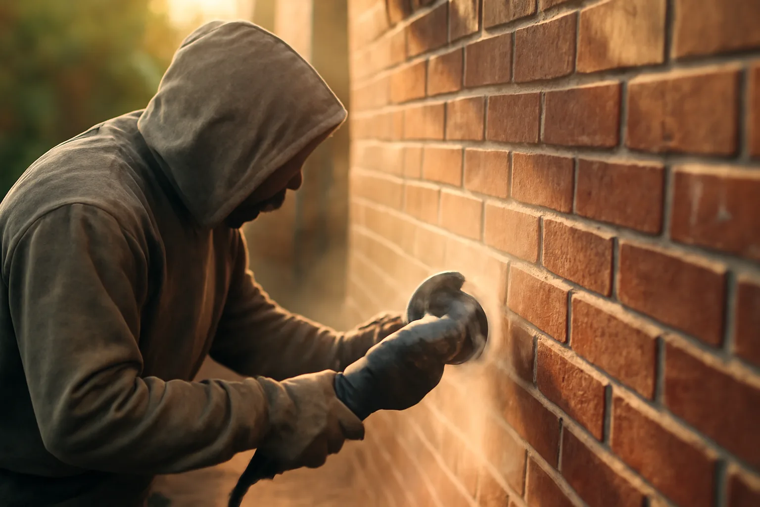 Mason tuckpointing a red brick wall in afternoon light