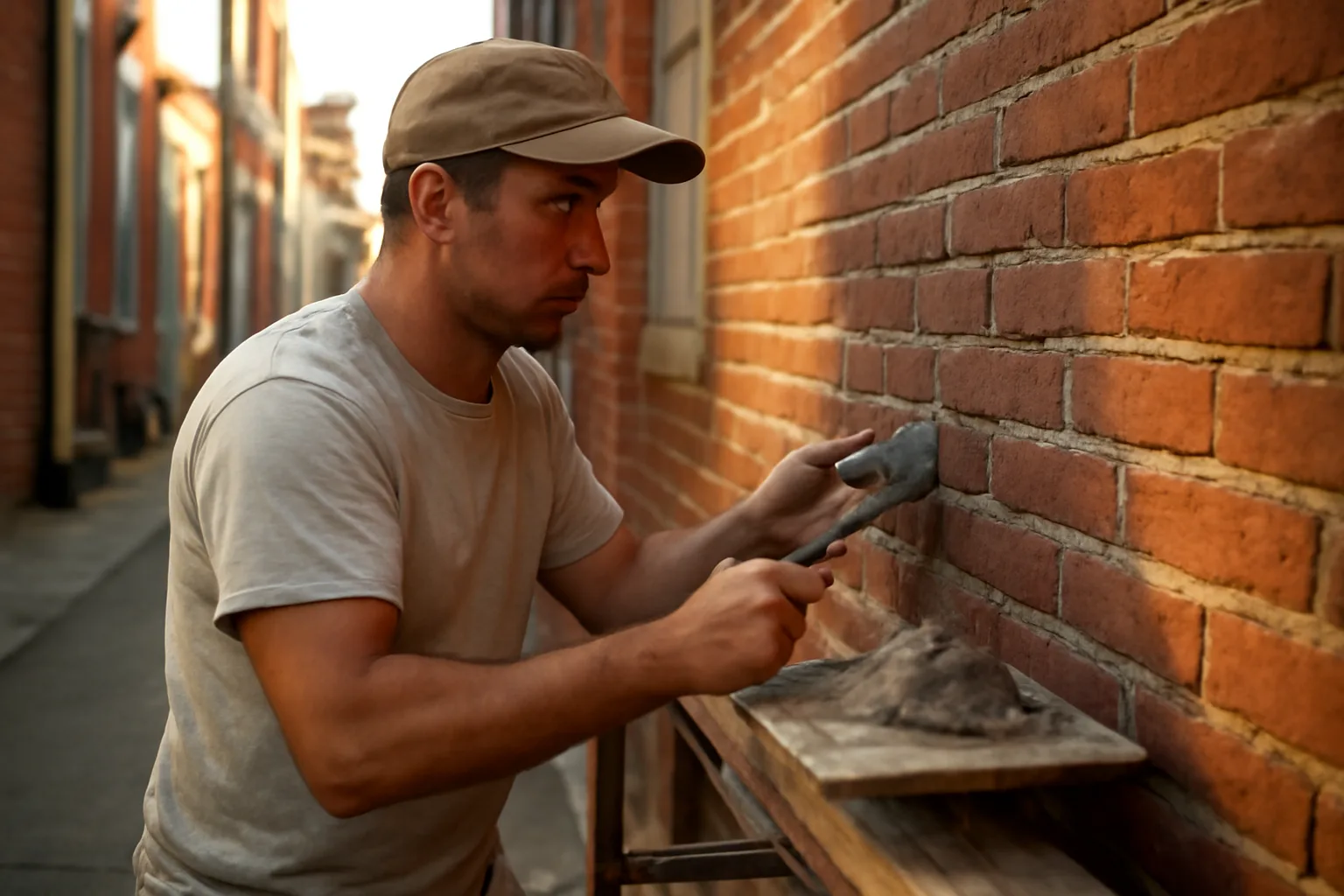 Mason tuckpointing a red brick wall from a wooden scaffold