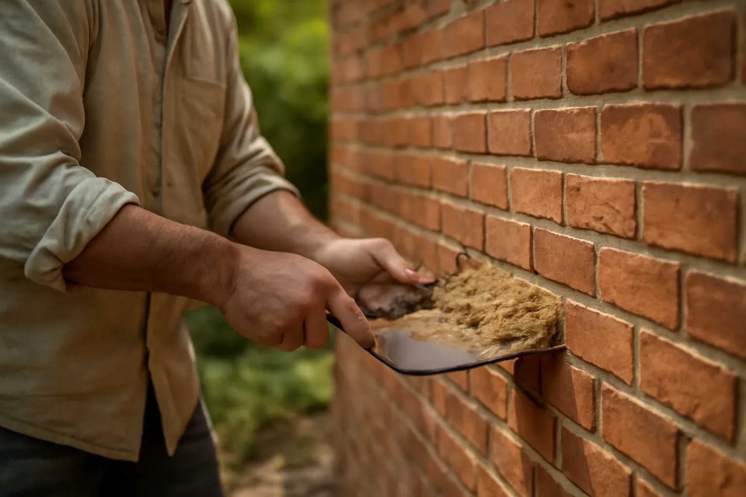 Mason packing mortar into a raked red brick joint