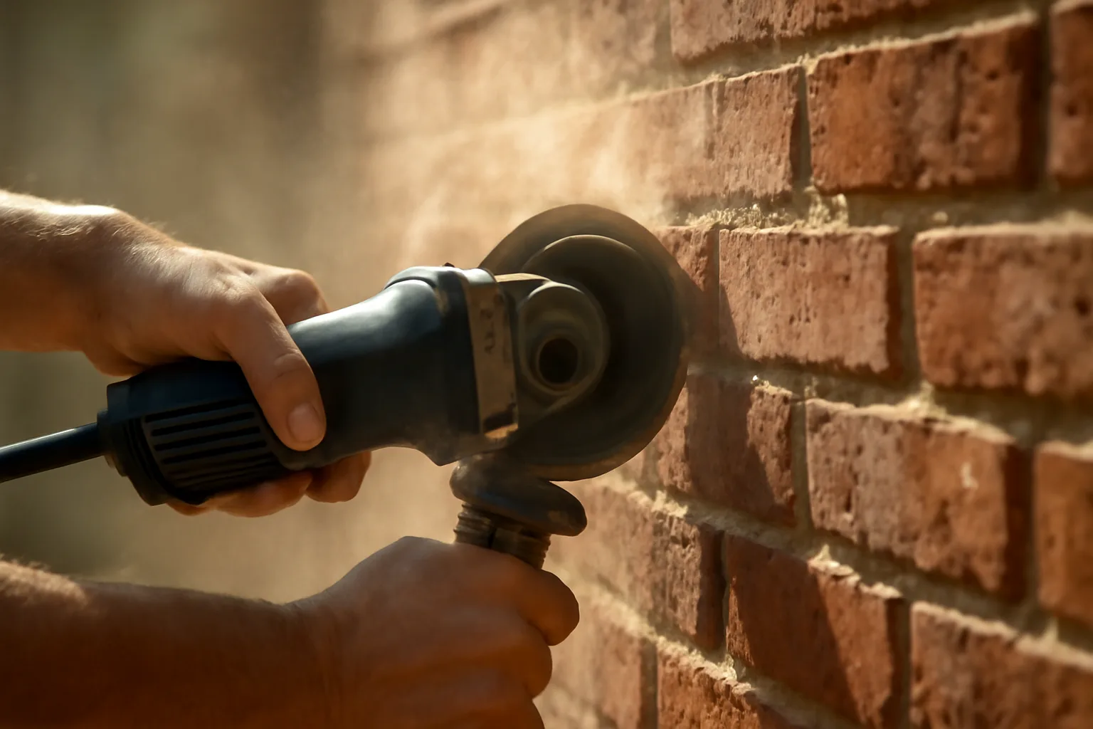 Tuckpointing grinder removing mortar on a brick wall in Alabama