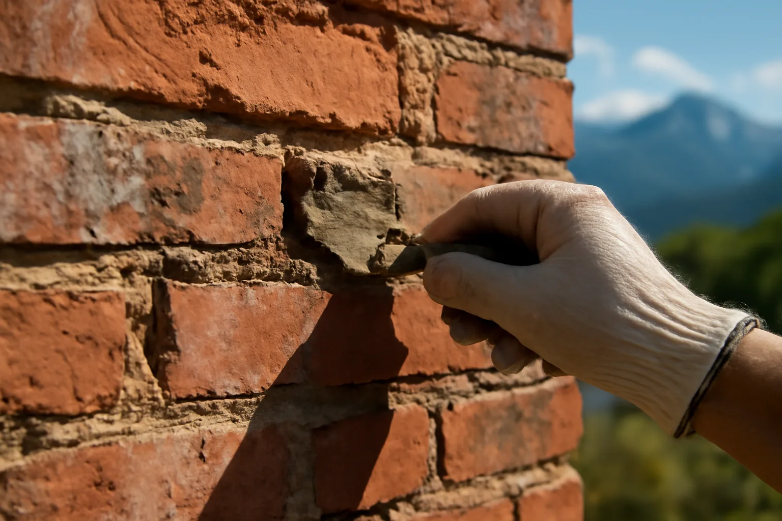 Gloved hand tuckpointing a brick joint with mountains in the background