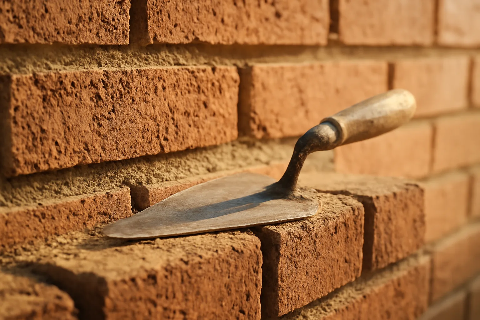 Tuckpointing trowel on brick wall in Arizona desert sunlight