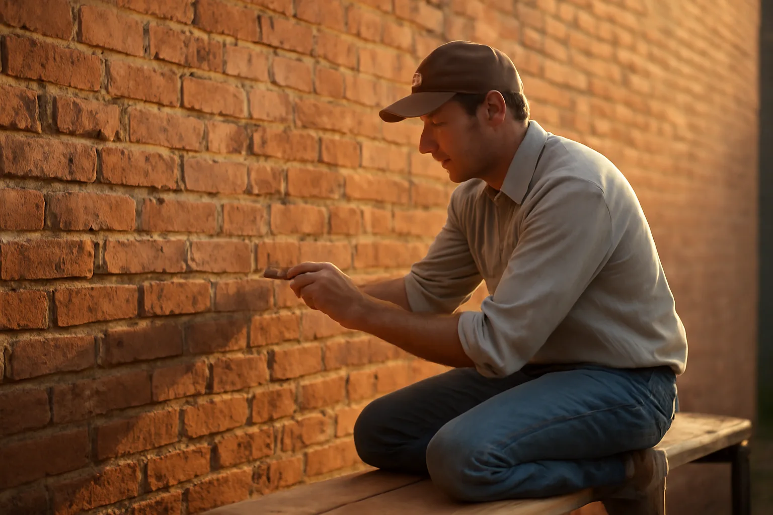 Mason tuckpointing a red brick wall in Little Rock sun