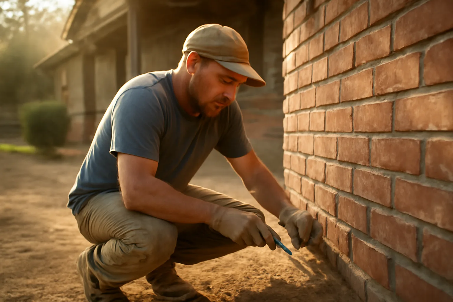 Mason tuckpointing red brick on a California bungalow wall