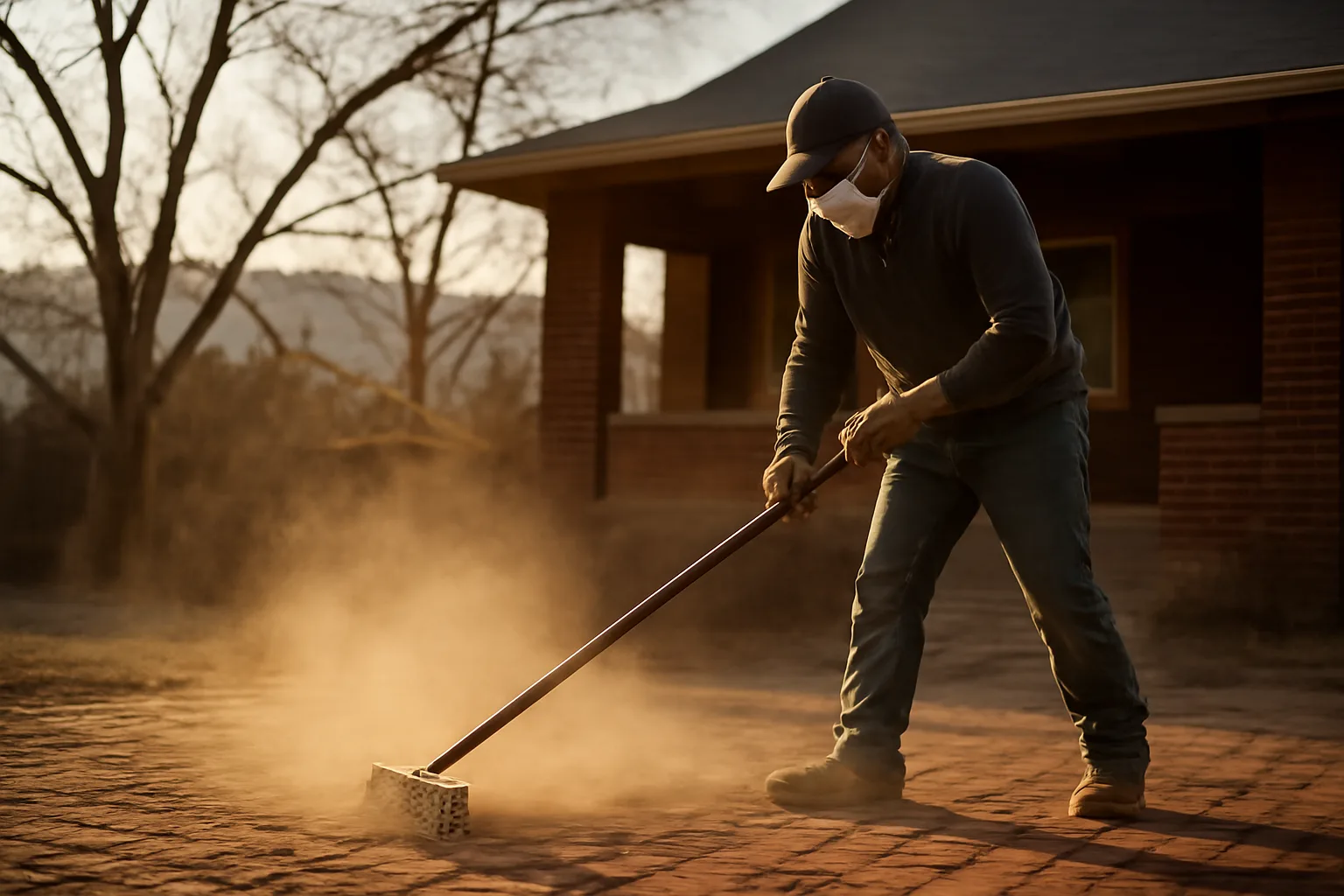 Mason tuckpointing a brick bungalow wall in Colorado light