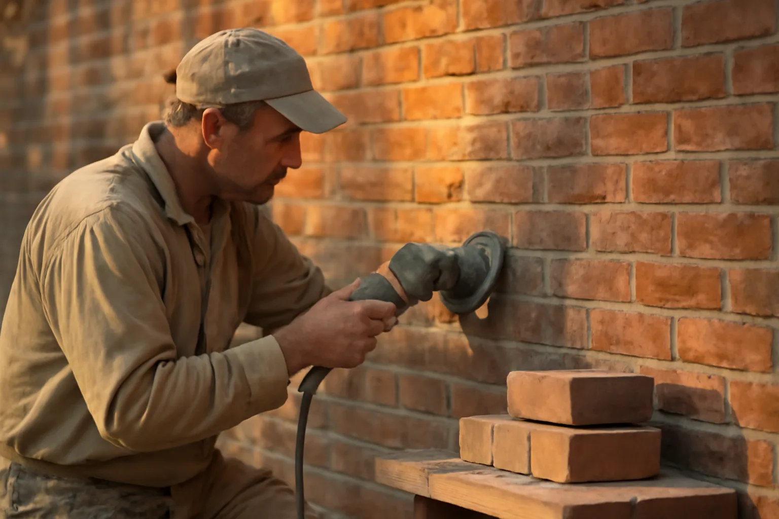 Mason tuckpointing a red brick wall in late New Haven light