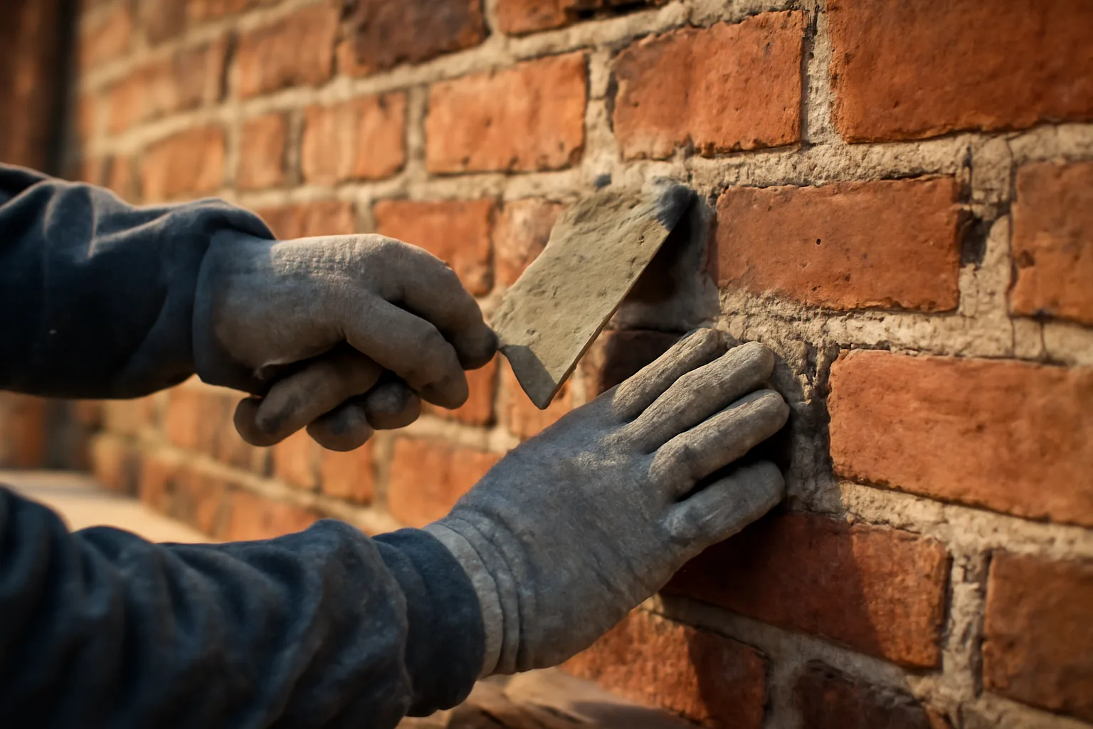 Mason applying fresh mortar to weathered brick joints on a Tennessee building exterior