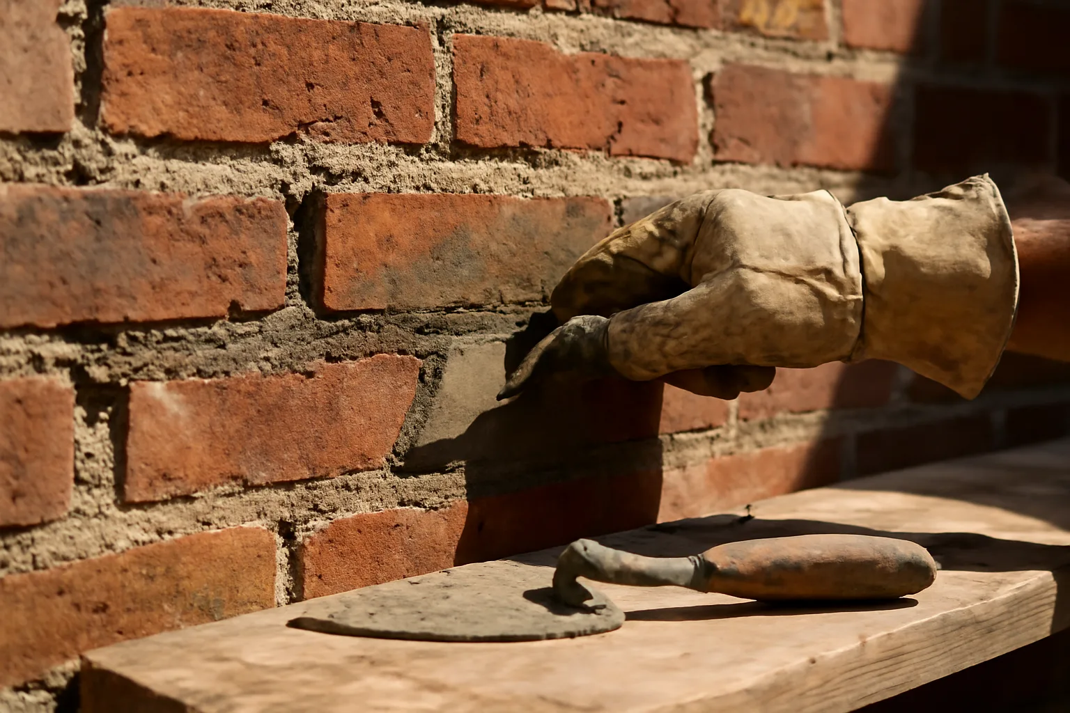 Worker pressing fresh mortar into brick joints on a Utah building facade