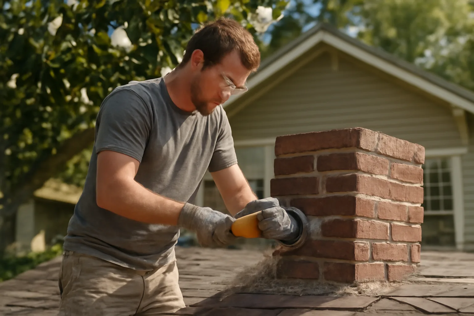 mason grinding old mortar from a brick chimney on an Alabama house