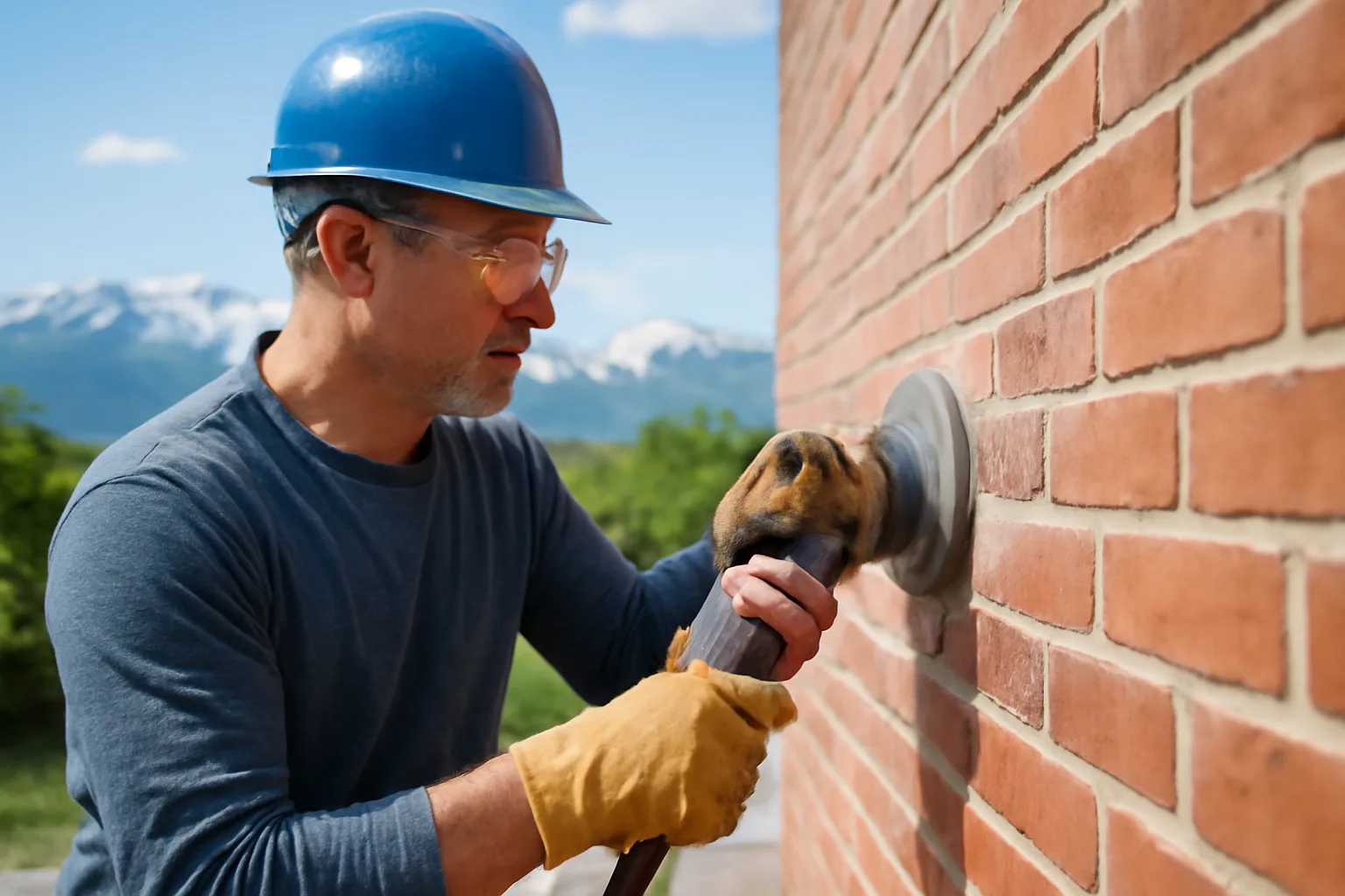 Tuckpointing professional repairing mortar joints on a brick wall in Anchorage, Alaska during summer