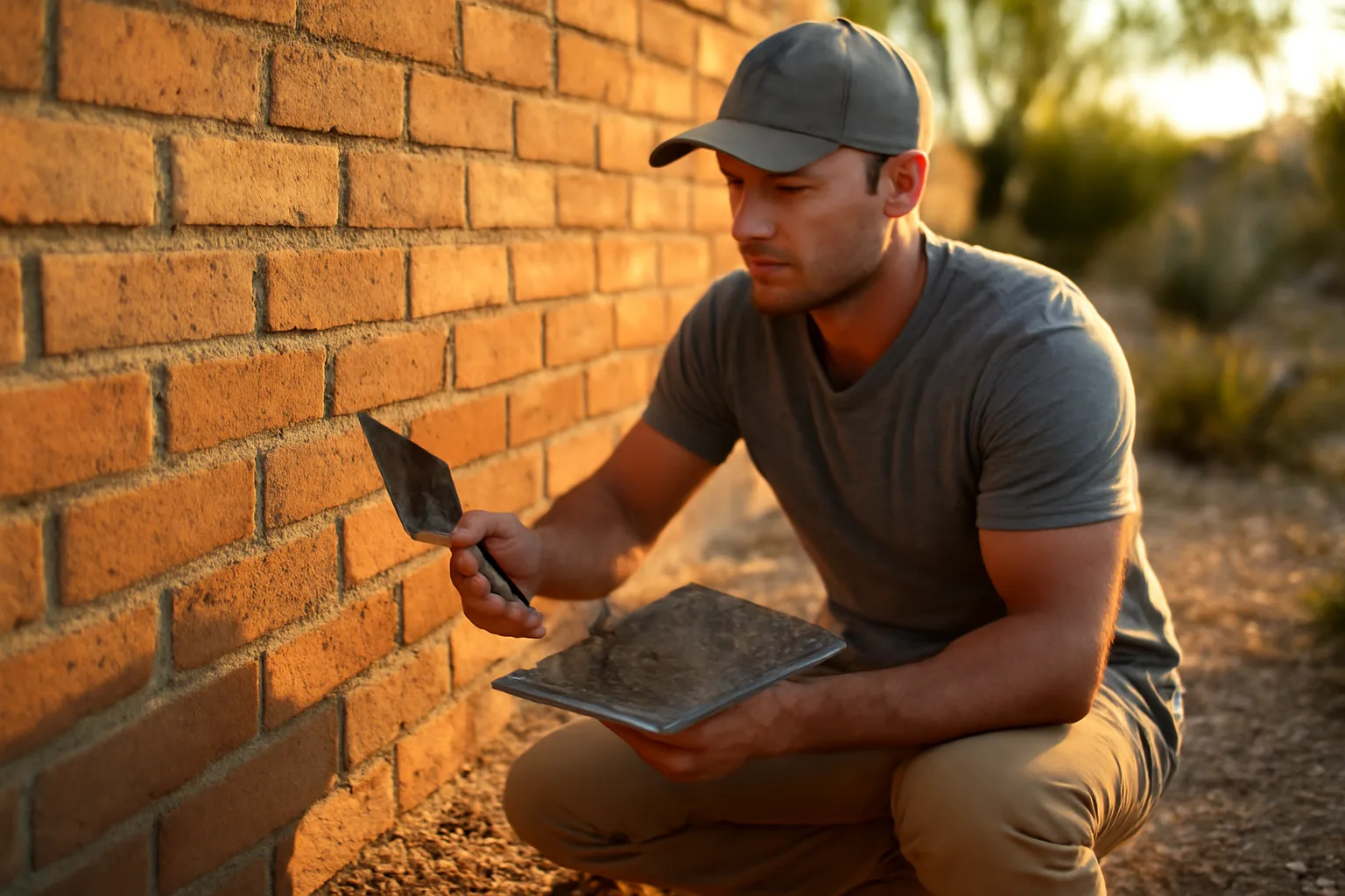 Mason tuckpointing a clay brick wall in a Phoenix backyard