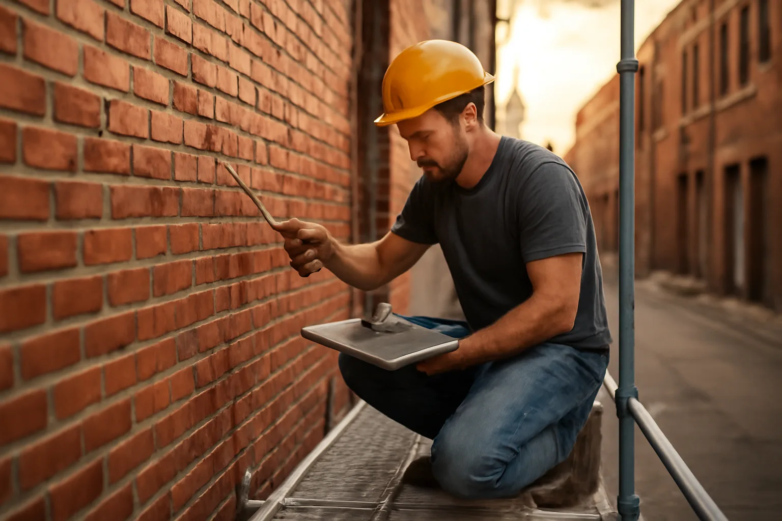 Mason tuckpointing a Little Rock brick wall from a scaffold