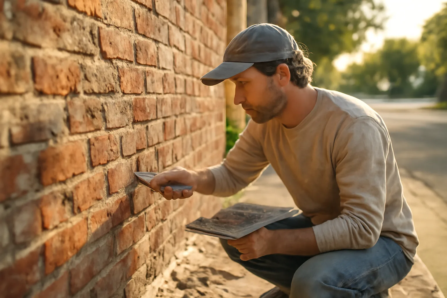 Mason tuckpointing a brick wall in California afternoon light