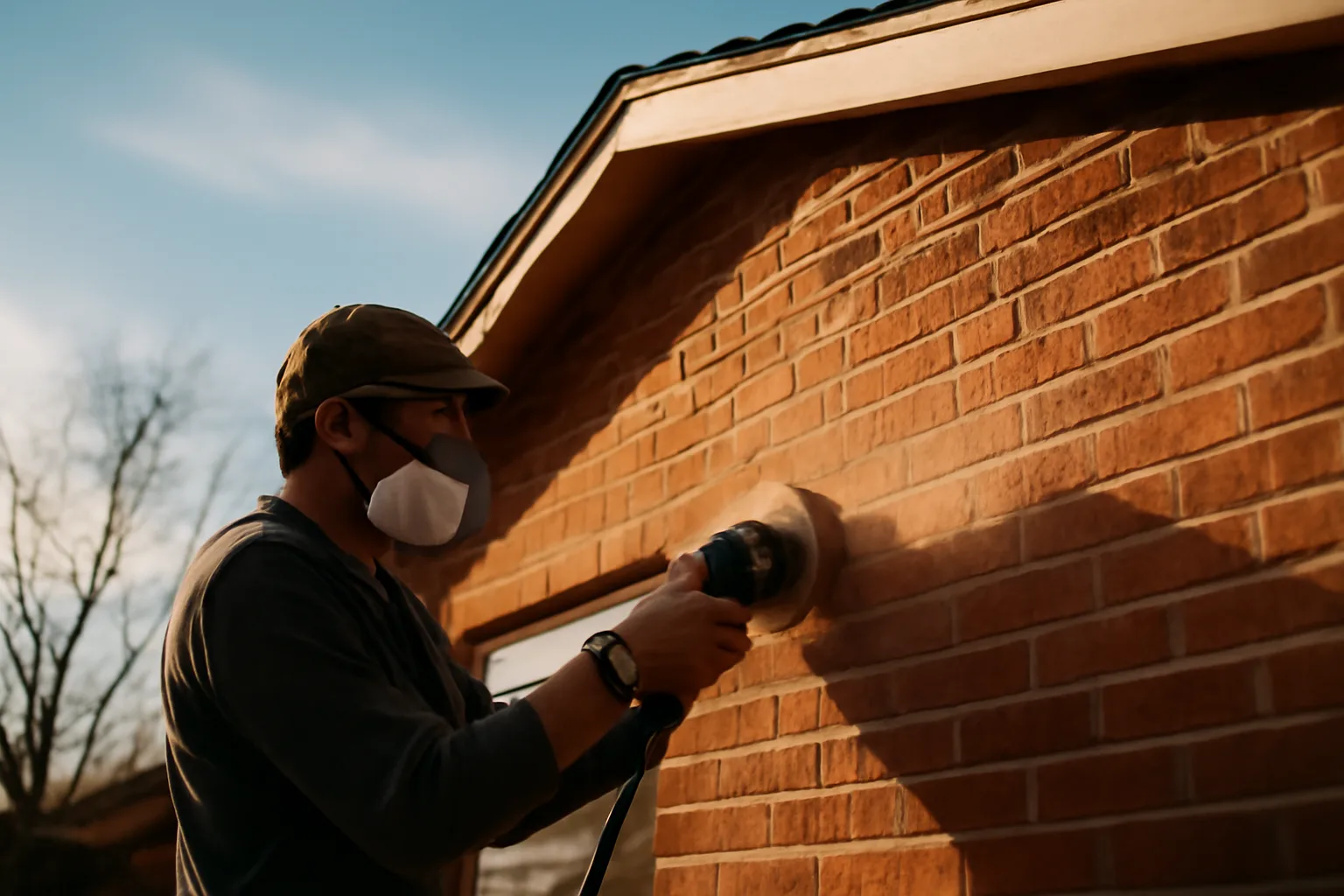 Worker grinding mortar on a Denver brick bungalow wall