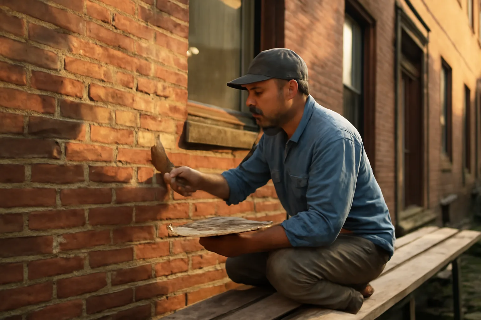 Mason tuckpointing brick joints on a Connecticut row house wall