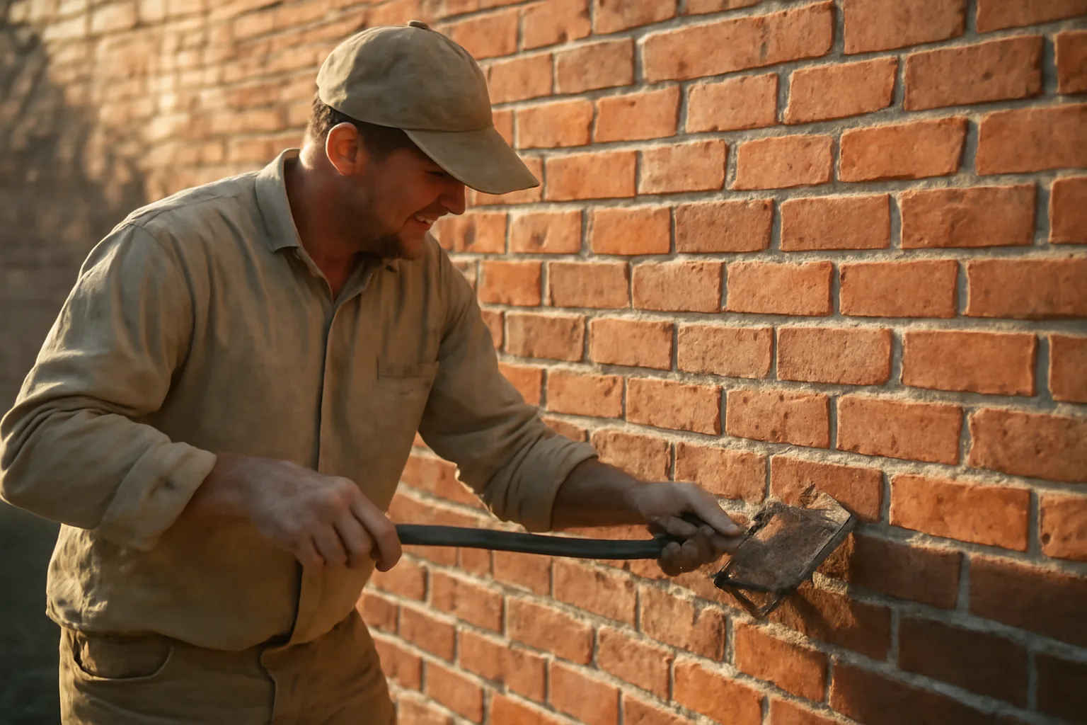 Mason raking old mortar from brick wall joints on a Texas building exterior