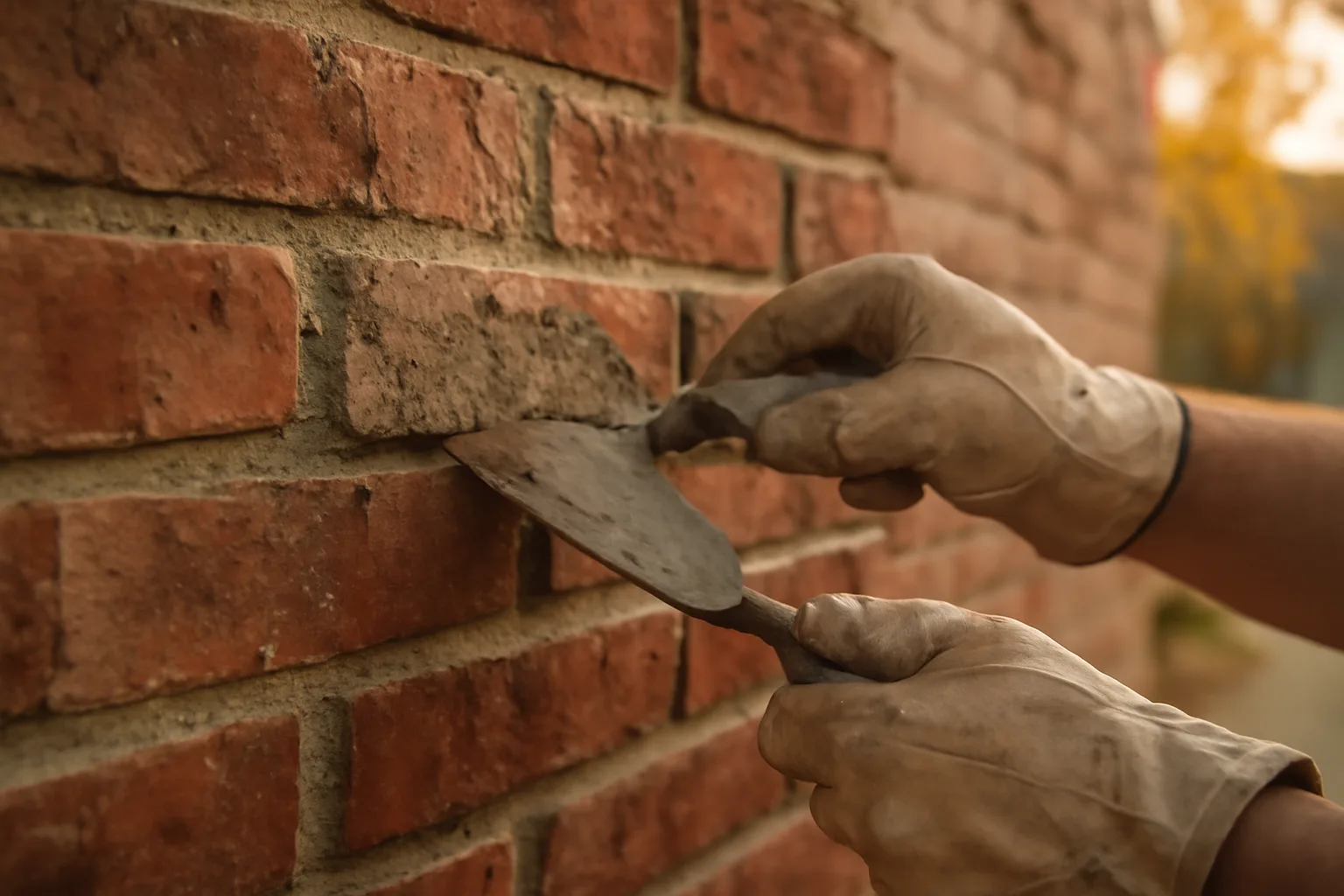 Mason repacking mortar joints in historic red brick wall, Utah residential building