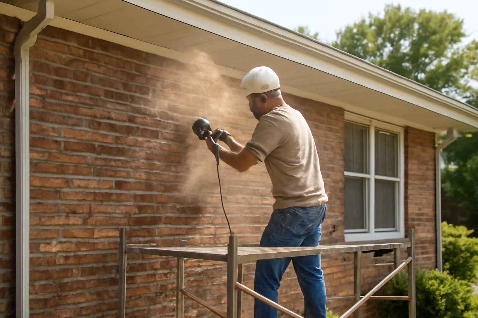 Mason tuckpointing a brick house in Alabama