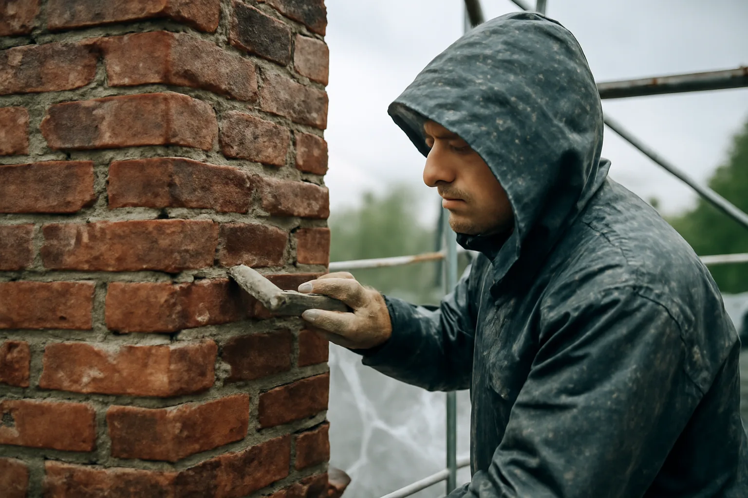 Mason repointing a weathered brick chimney in Anchorage overcast weather