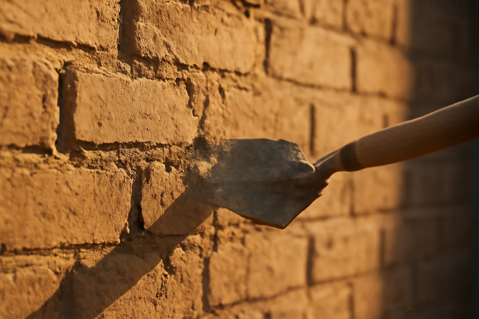 Trowel removing mortar between sunlit brick in Arizona