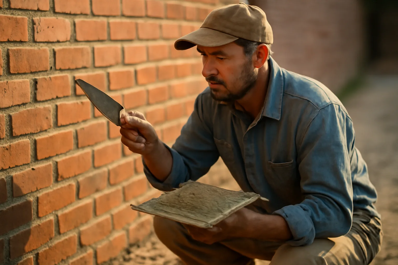 Mason tuckpointing a brick wall in Arkansas afternoon light