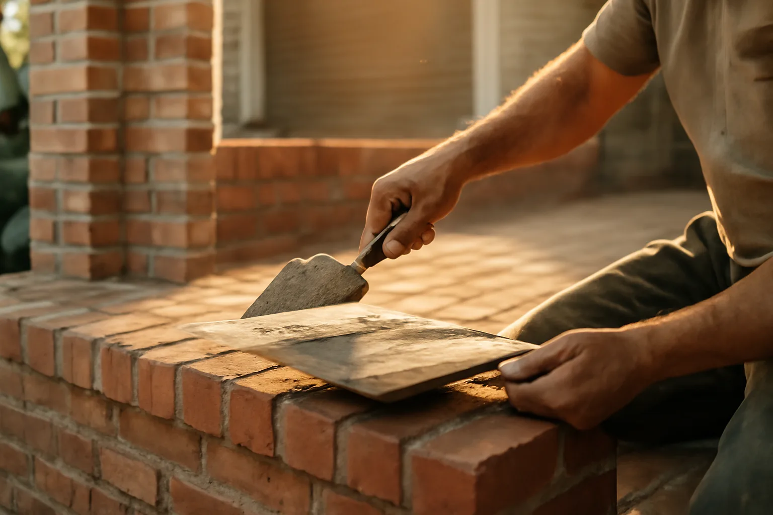 Mason tuckpointing a brick porch joint in California afternoon light