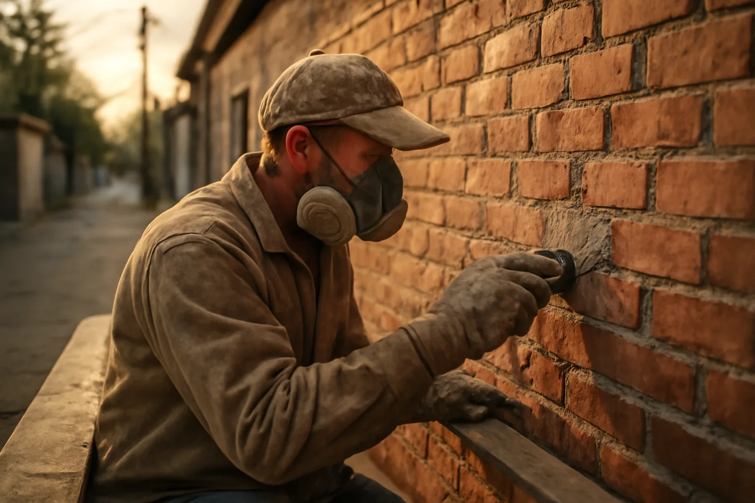 Worker tuckpointing old red brick in a Denver alley