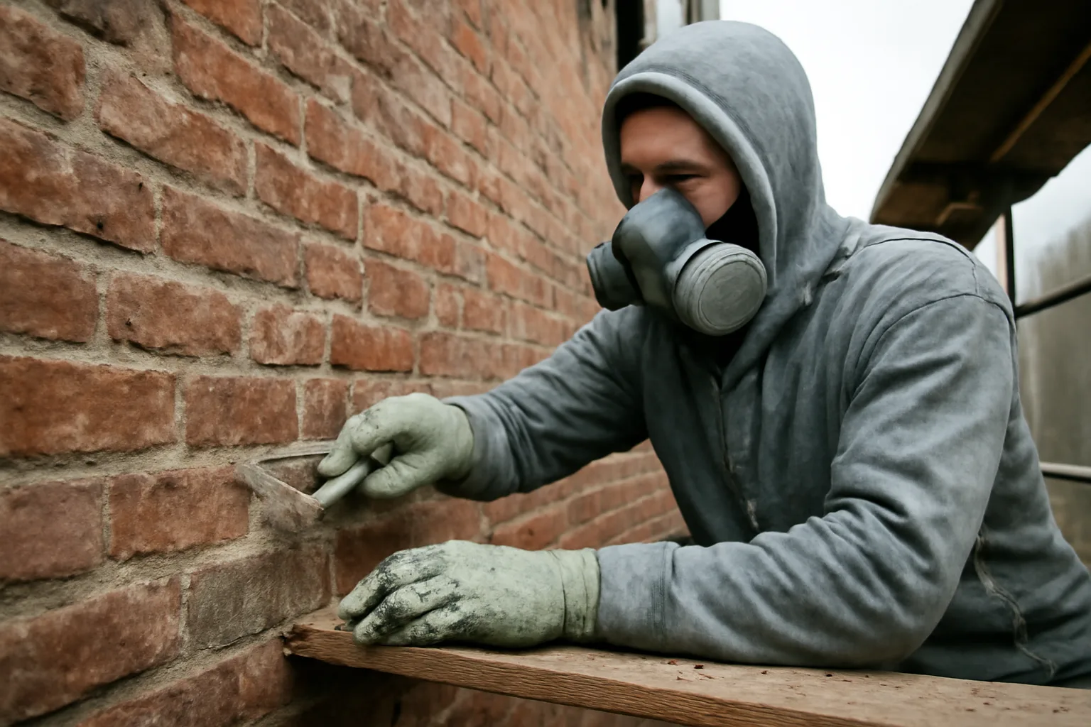 Mason raking mortar on a Connecticut brick wall during tuckpointing