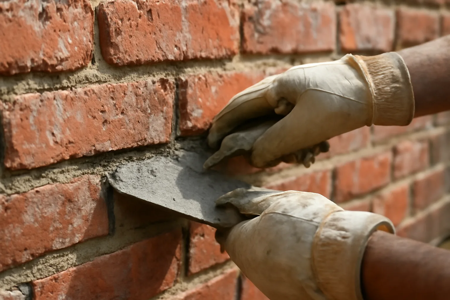 Mason repointing weathered red brick mortar joints on a historic Tennessee building exterior