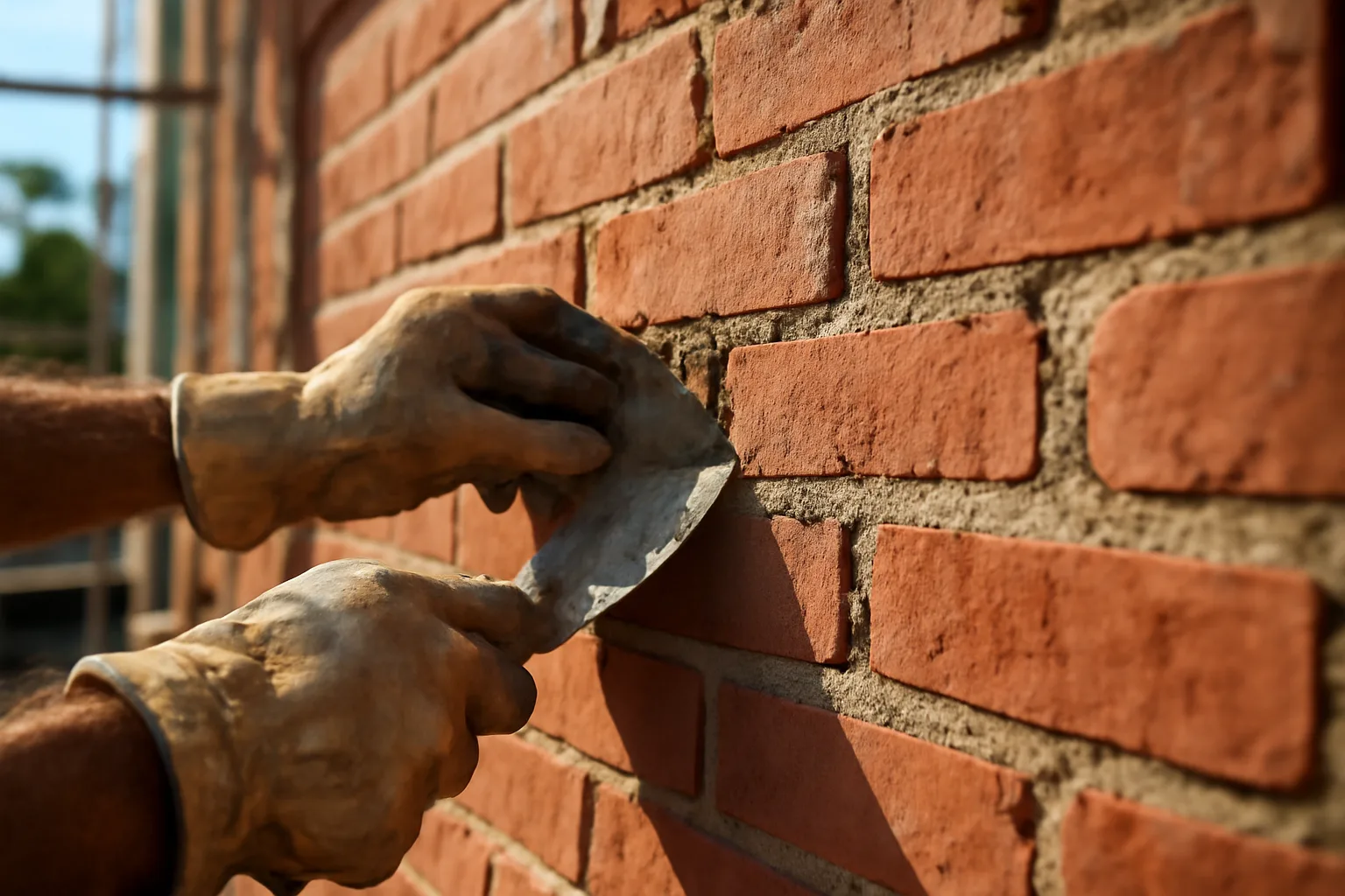 Mason repointing brick mortar joints on a Texas building facade in morning light
