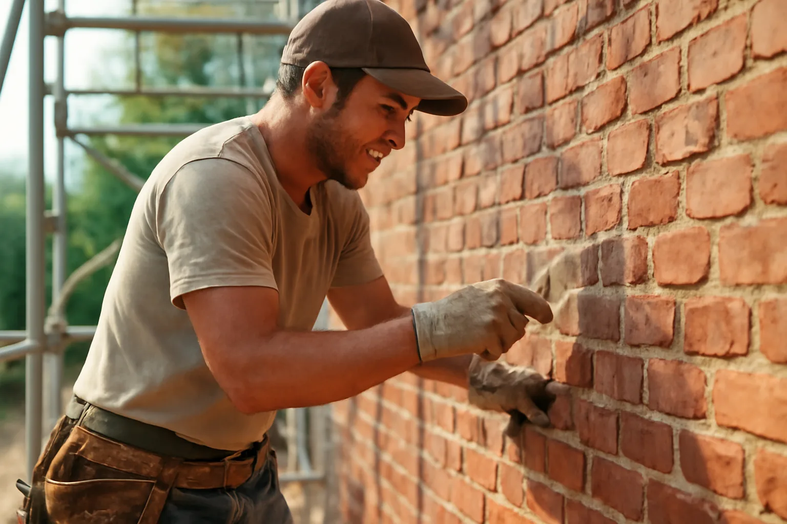 Mason repointing old red brick wall with tuckpointing trowel in Alabama sun.