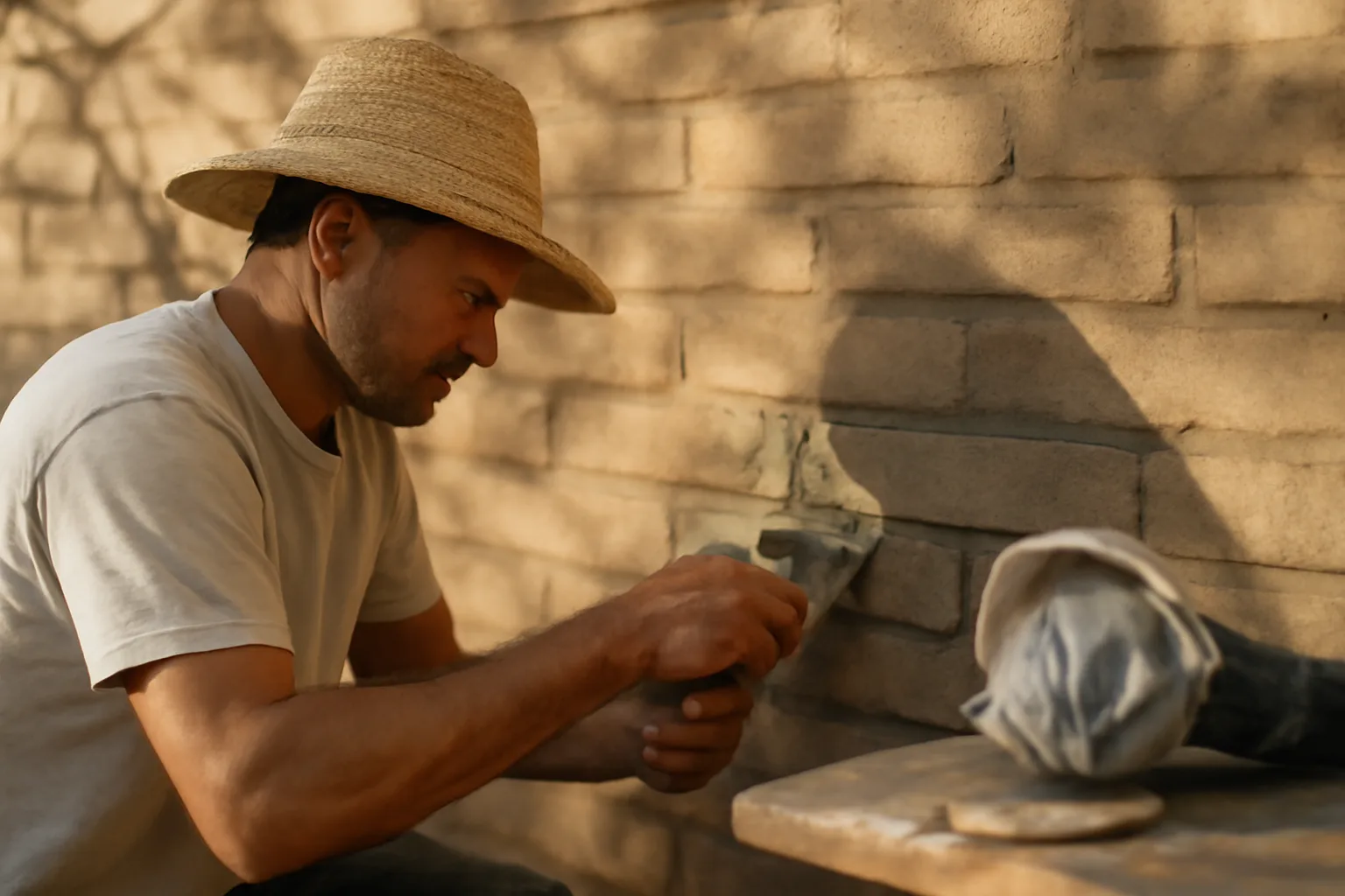 Mason packing mortar into sunlit Phoenix brick during tuckpointing renewal