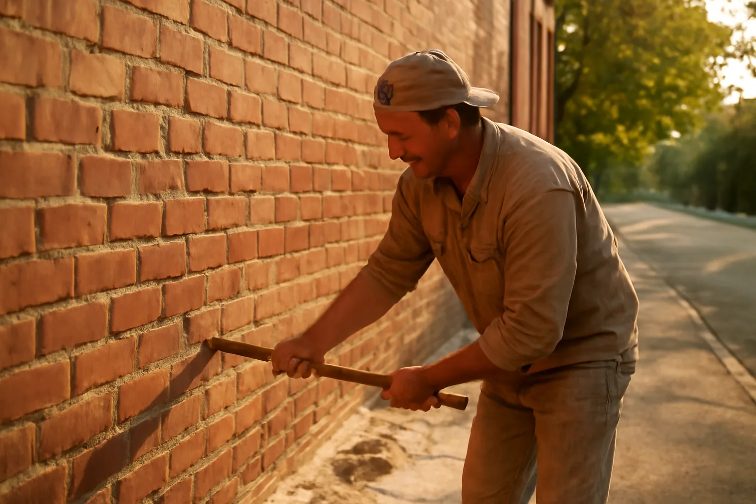 Mason tuckpointing weathered brick on a Little Rock warehouse wall