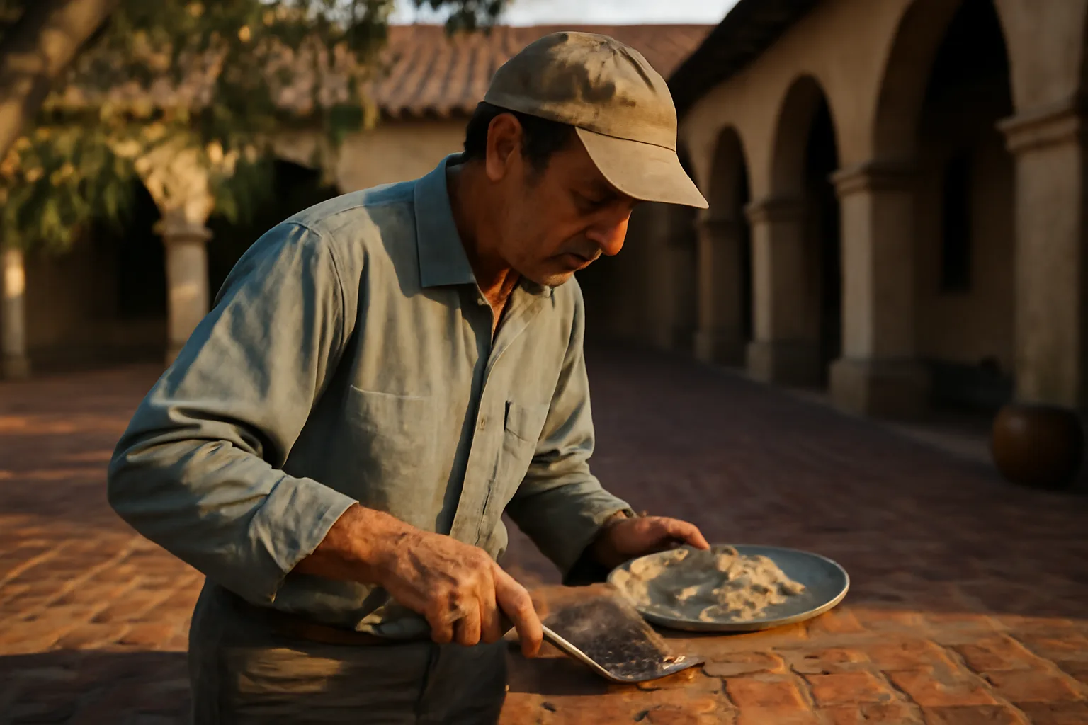 Mason tuckpointing weathered brick on a Pasadena courtyard wall