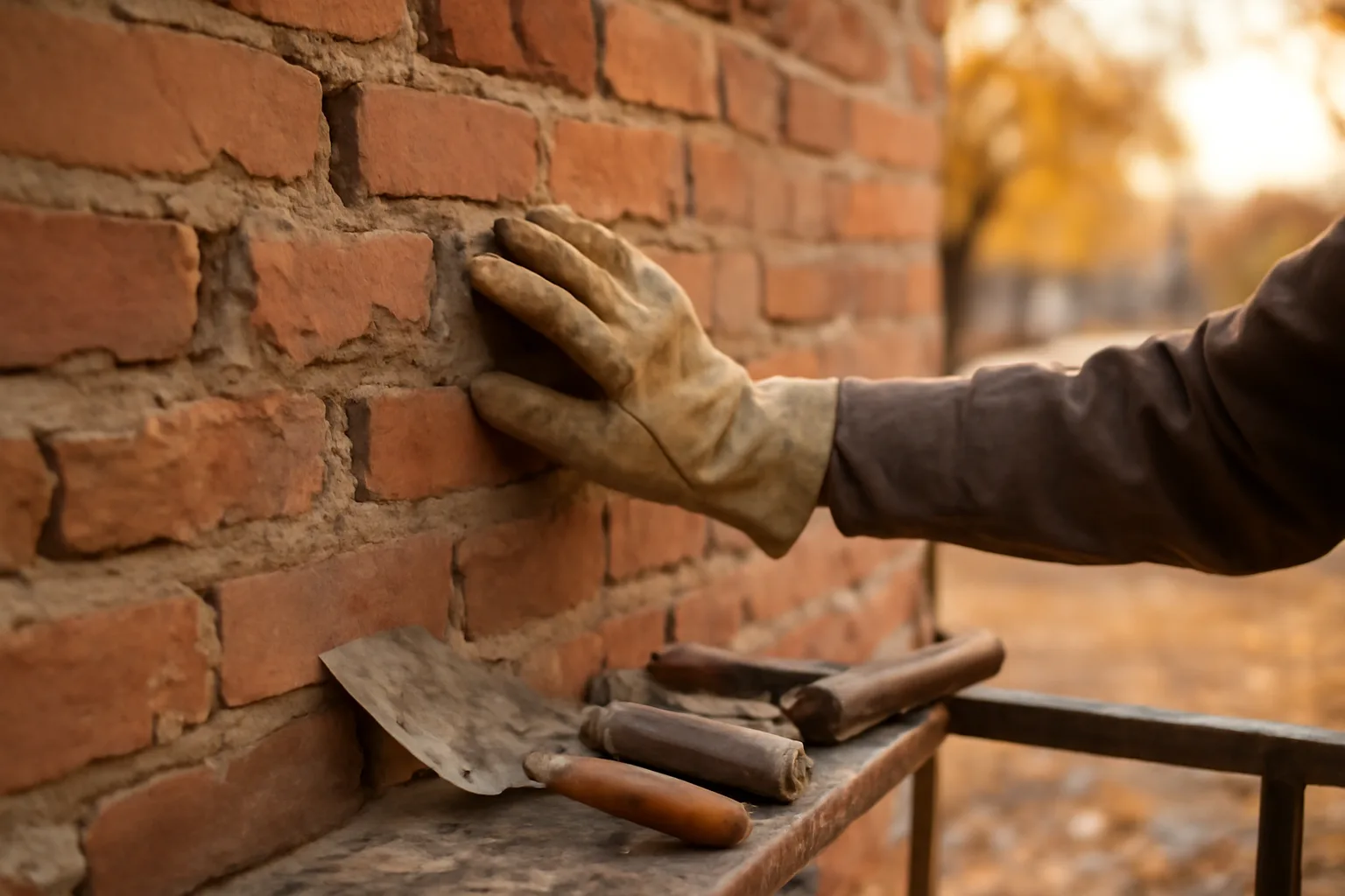 Mason repointing brick mortar joints on an old South Dakota building exterior