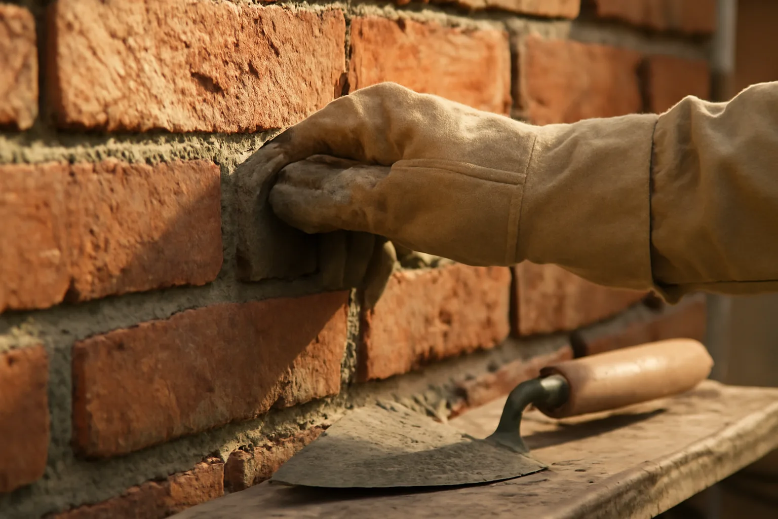 Mason pressing fresh mortar into brick joints during tuckpointing work on a Tennessee home
