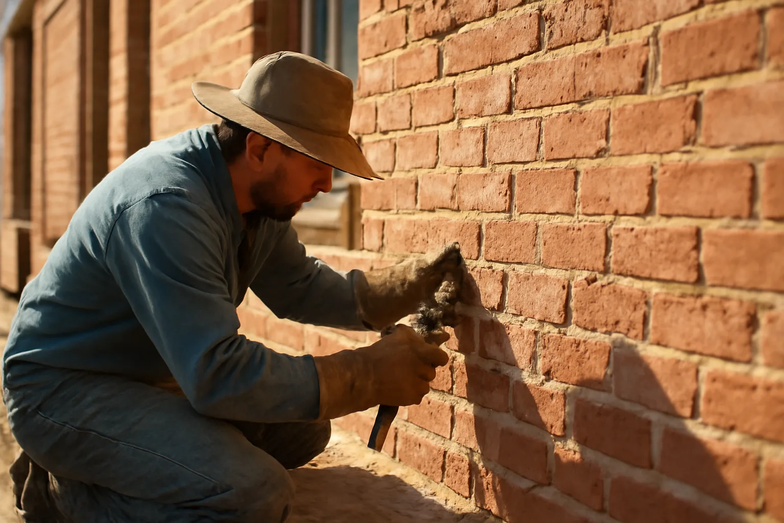 Mason repointing weathered brick joints on a Texas building exterior