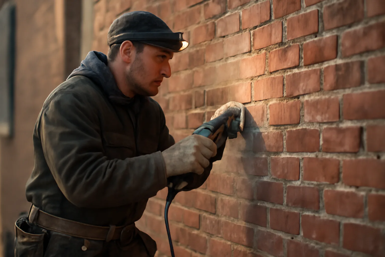 Mason repointing a weathered brick joint on an Anchorage apartment wall